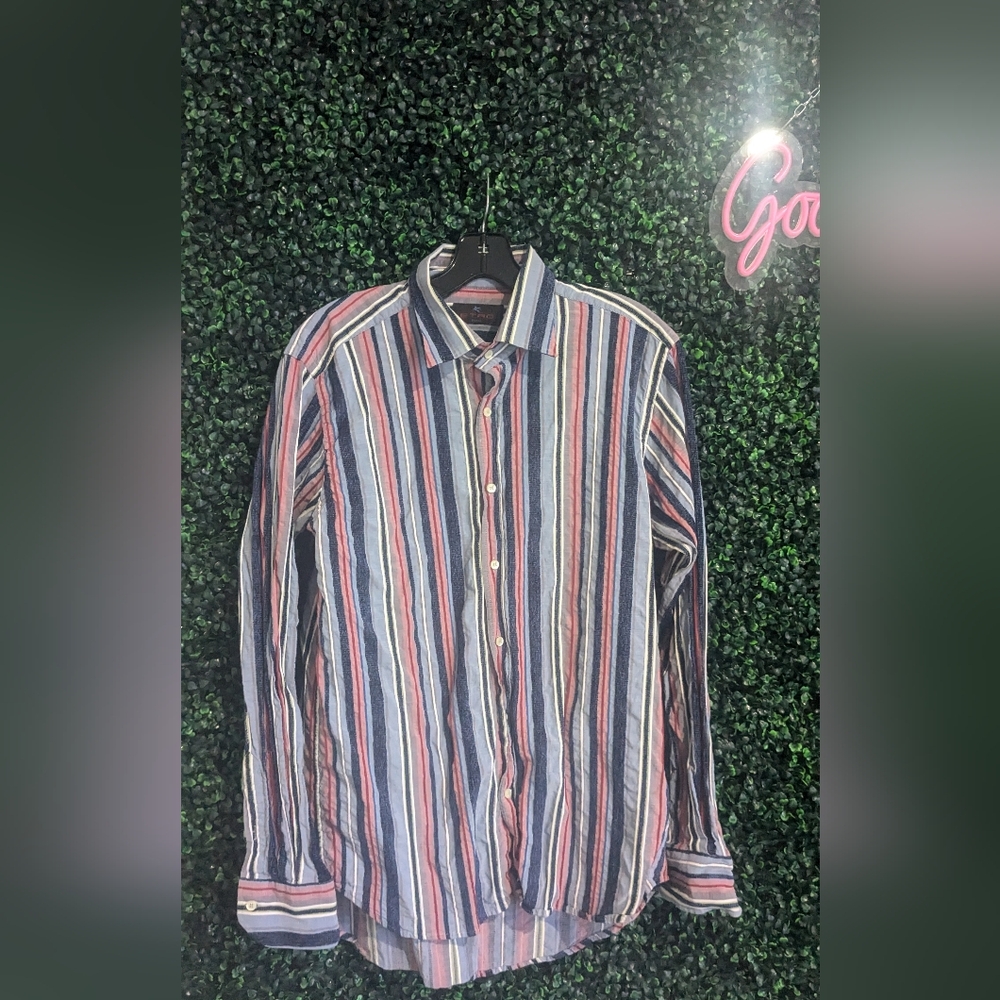 Etro Milano Contrast Striped Textired Button Down Shirt Mens Large L